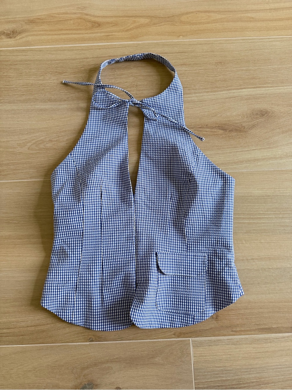 Blue Zara Gingham Halter Tie-Back Top